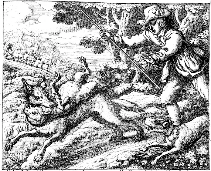 A 1666 engraving of a shepherd boy calling out, with a wolf among the sheep