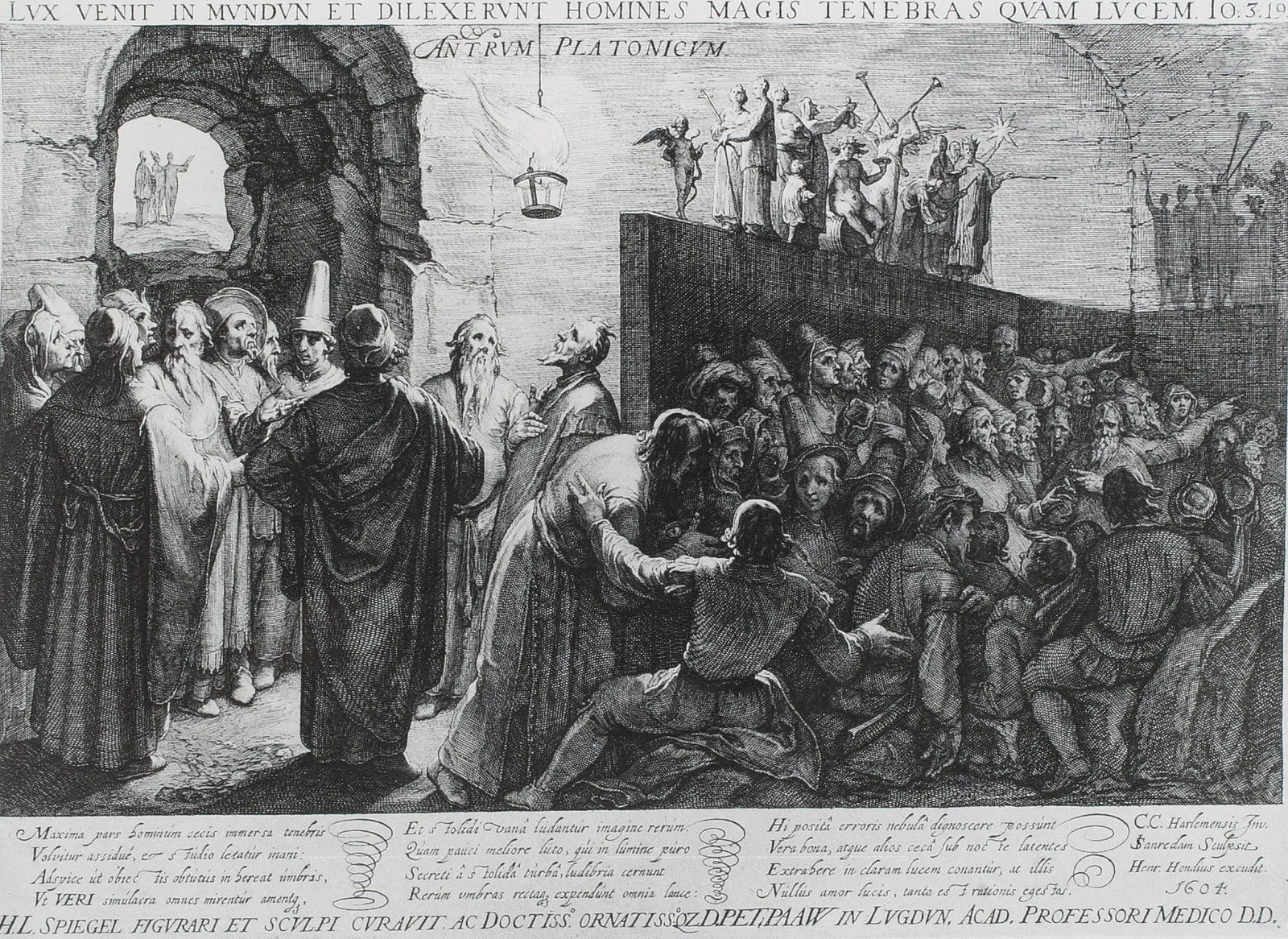 An old engraving of people sitting in a dark cave, watching shadows on the wall