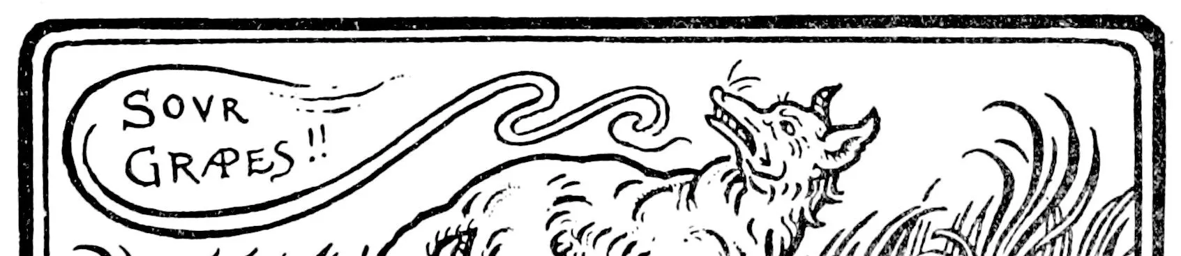 A Victorian illustration of a fox leaping up at a grape vine